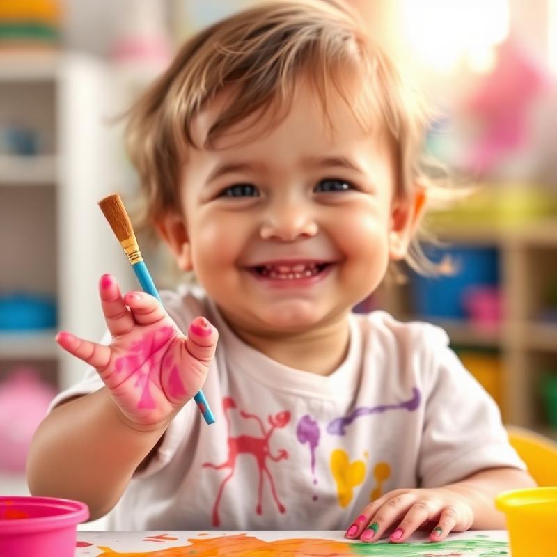 Smiling child holding a paintbrush